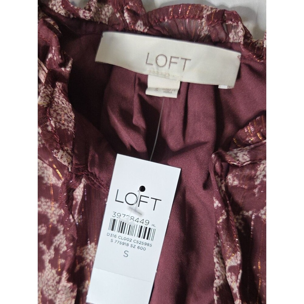 Loft Burgundy Floral Shimmer Ruffle Tie Neck Dress - Picture 2 of 7